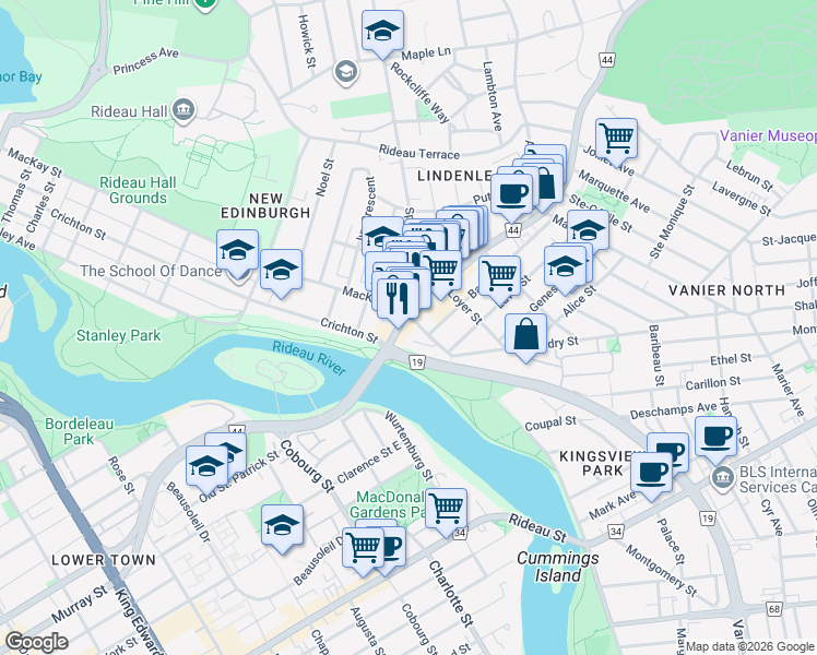 map of restaurants, bars, coffee shops, grocery stores, and more near in Ottawa