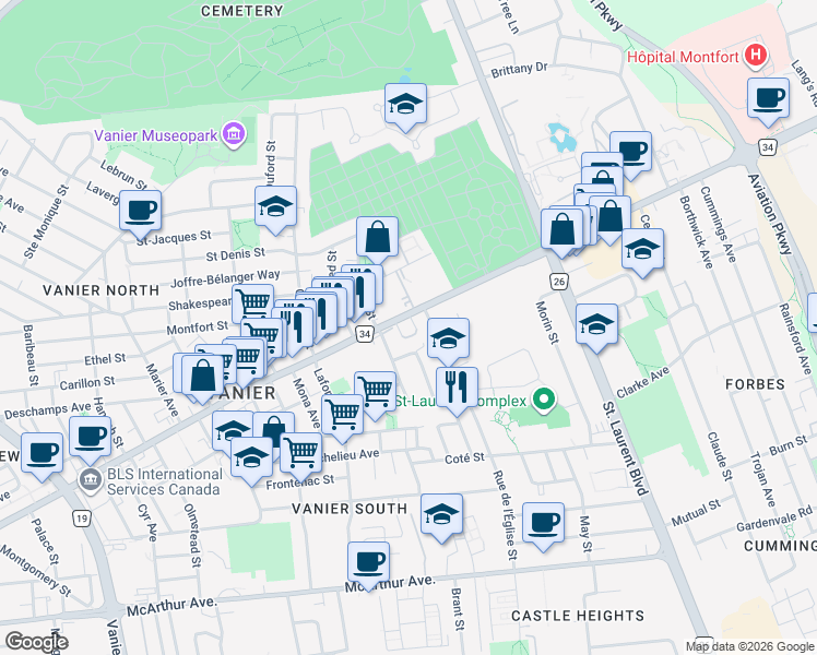 map of restaurants, bars, coffee shops, grocery stores, and more near 406 Montréal Road in Ottawa
