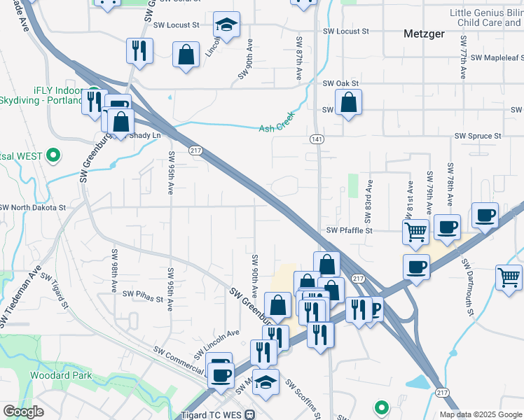 map of restaurants, bars, coffee shops, grocery stores, and more near 8995 Southwest North Dakota Street in Tigard
