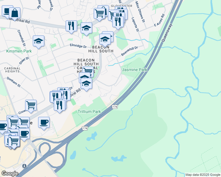 map of restaurants, bars, coffee shops, grocery stores, and more near 1993 Jasmine Crescent in Ottawa