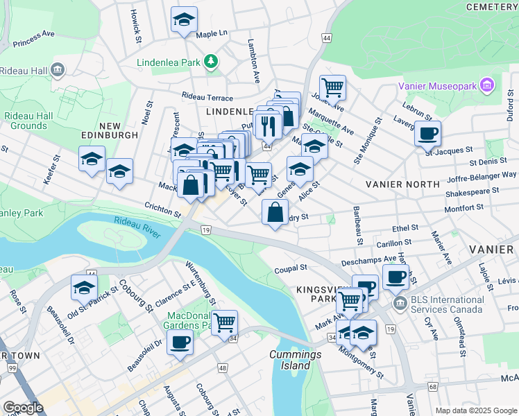 map of restaurants, bars, coffee shops, grocery stores, and more near in Ottawa