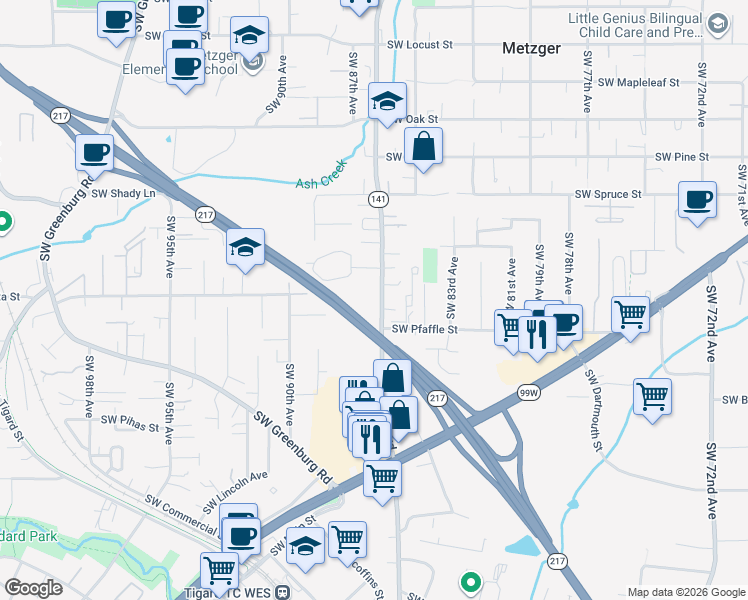 map of restaurants, bars, coffee shops, grocery stores, and more near 11161 Southwest Hall Boulevard in Tigard