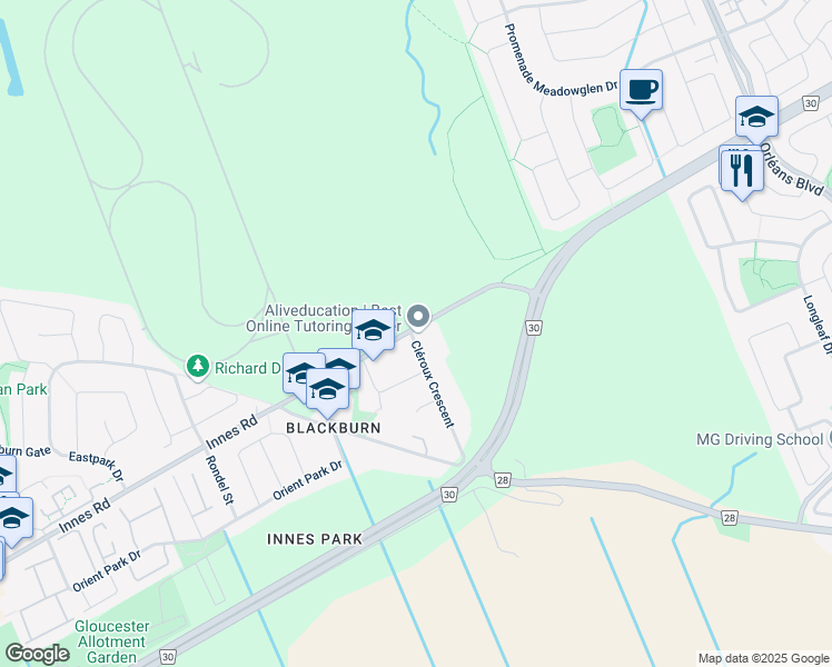 map of restaurants, bars, coffee shops, grocery stores, and more near 2642 Cléroux Crescent in Ottawa