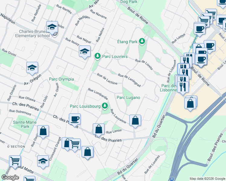 map of restaurants, bars, coffee shops, grocery stores, and more near 4115 Rue de Louviers in Brossard