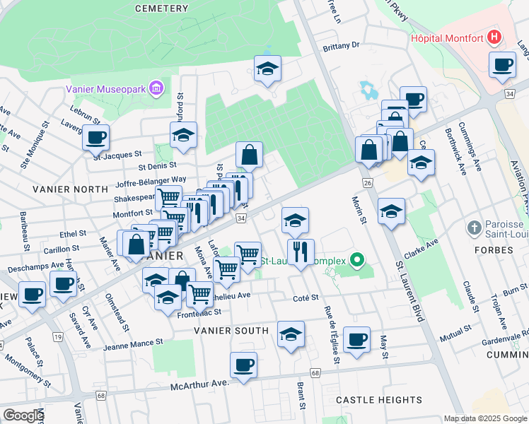 map of restaurants, bars, coffee shops, grocery stores, and more near 400 Montreal Road in Ottawa