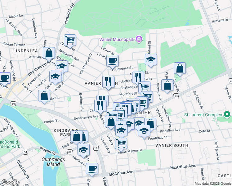 map of restaurants, bars, coffee shops, grocery stores, and more near 261 Montfort Street in Ottawa