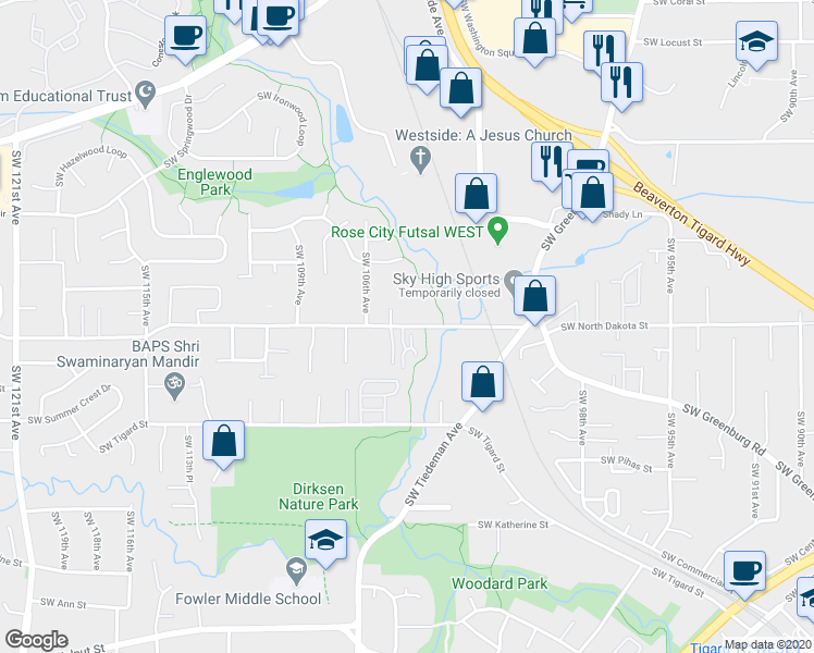 map of restaurants, bars, coffee shops, grocery stores, and more near 10455 Southwest North Dakota Street in Tigard