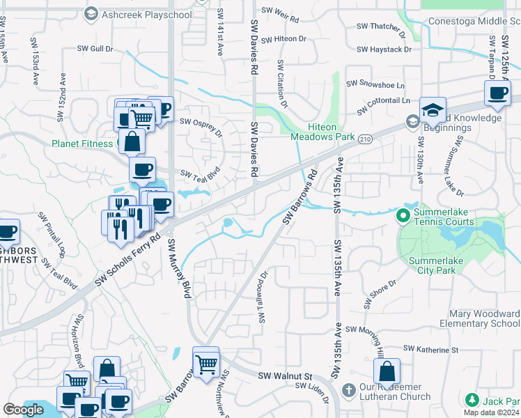 map of restaurants, bars, coffee shops, grocery stores, and more near 13900 Southwest Scholls Ferry Road in Beaverton