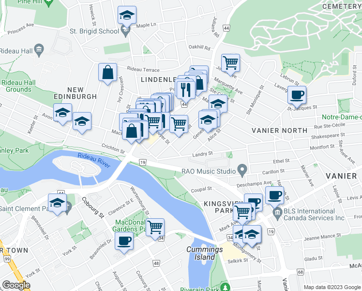 map of restaurants, bars, coffee shops, grocery stores, and more near in Ottawa