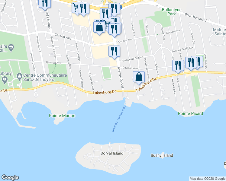 map of restaurants, bars, coffee shops, grocery stores, and more near 839 Chemin Bord-du-Lac in Dorval