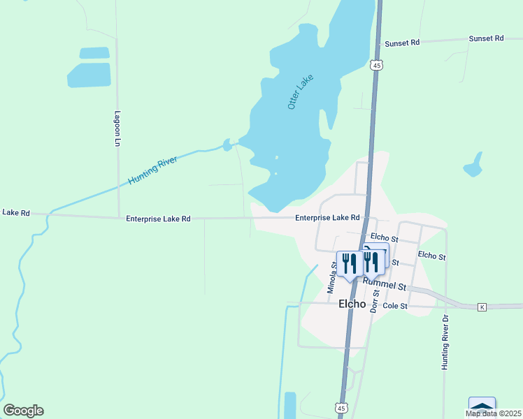 map of restaurants, bars, coffee shops, grocery stores, and more near W10770 Enterprise Lake Road in Elcho