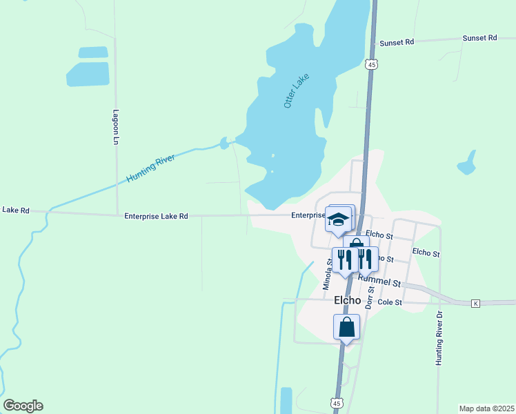 map of restaurants, bars, coffee shops, grocery stores, and more near W10770 Enterprise Lake Road in Elcho
