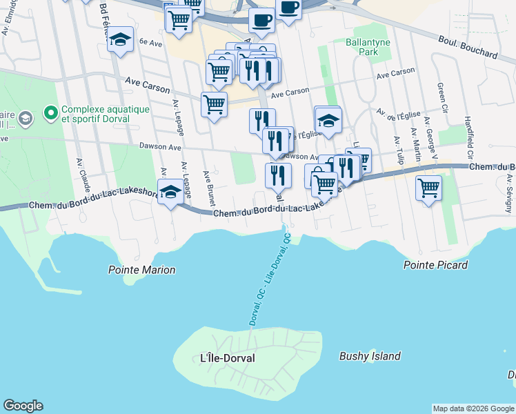 map of restaurants, bars, coffee shops, grocery stores, and more near 839 Chemin du Bord-du-Lac-Lakeshore in Dorval