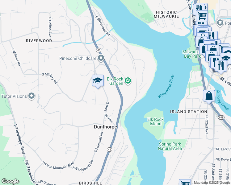 map of restaurants, bars, coffee shops, grocery stores, and more near 11918 South Breyman Avenue in Portland