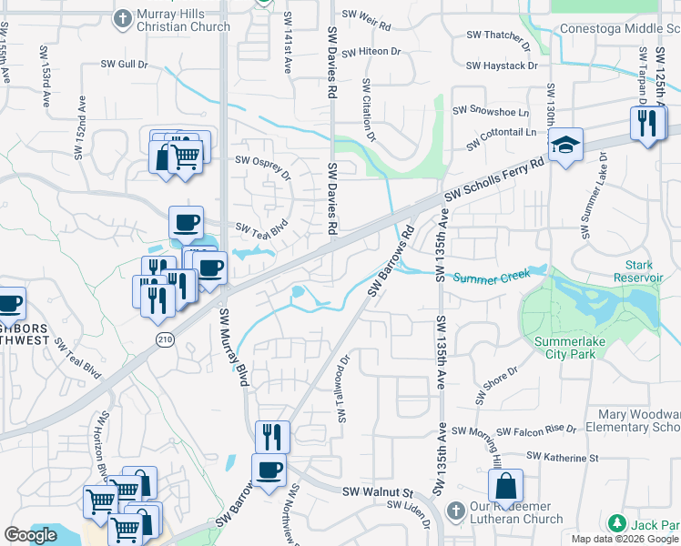 map of restaurants, bars, coffee shops, grocery stores, and more near 13900 Southwest Scholls Ferry Road in Beaverton