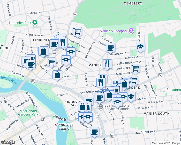 map of restaurants, bars, coffee shops, grocery stores, and more near in Ottawa