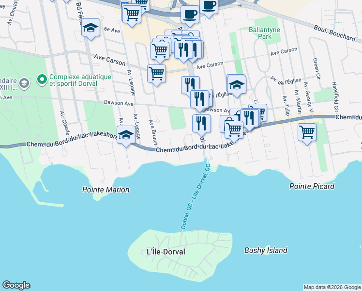 map of restaurants, bars, coffee shops, grocery stores, and more near 853 Chemin du Bord-du-Lac-Lakeshore in Dorval