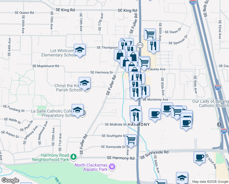 map of restaurants, bars, coffee shops, grocery stores, and more near 11506 Southeast Fuller Road in Portland