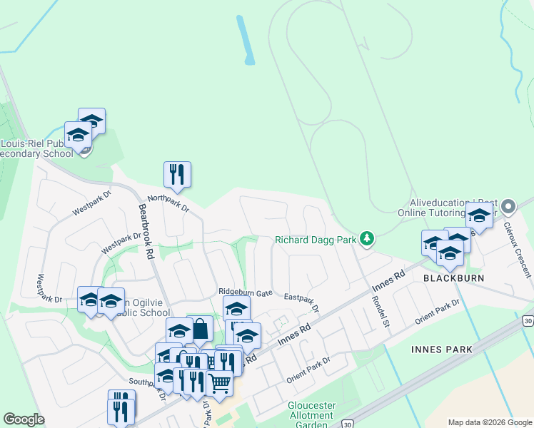 map of restaurants, bars, coffee shops, grocery stores, and more near 11 Catalpa Court in Ottawa