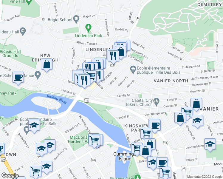 map of restaurants, bars, coffee shops, grocery stores, and more near 79 Genest Street in Ottawa