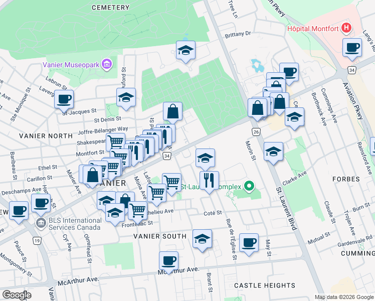 map of restaurants, bars, coffee shops, grocery stores, and more near 406 Montréal Road in Ottawa
