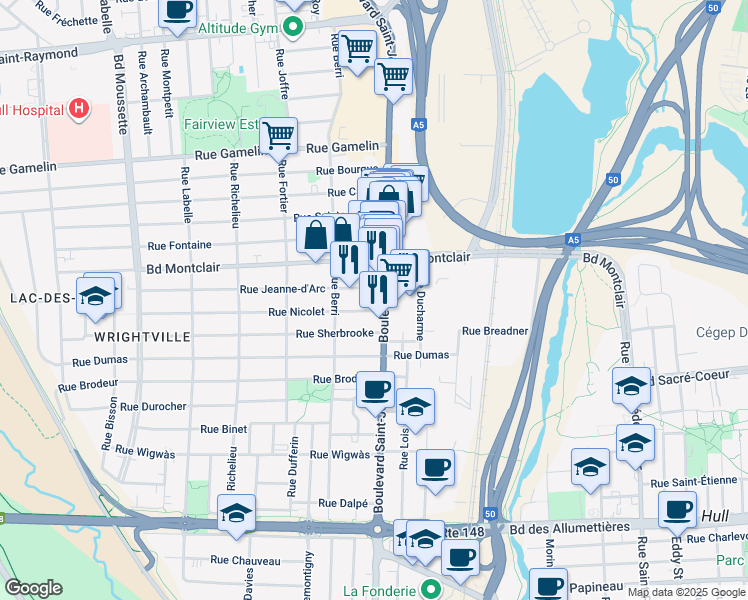 map of restaurants, bars, coffee shops, grocery stores, and more near 295 Boulevard Saint-Joseph in Gatineau
