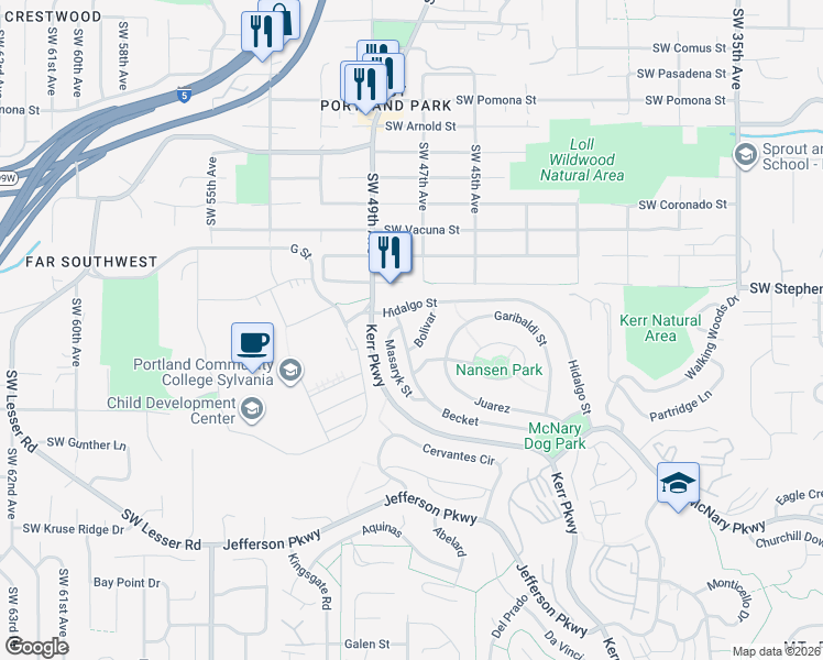 map of restaurants, bars, coffee shops, grocery stores, and more near 6 Becket Street in Lake Oswego