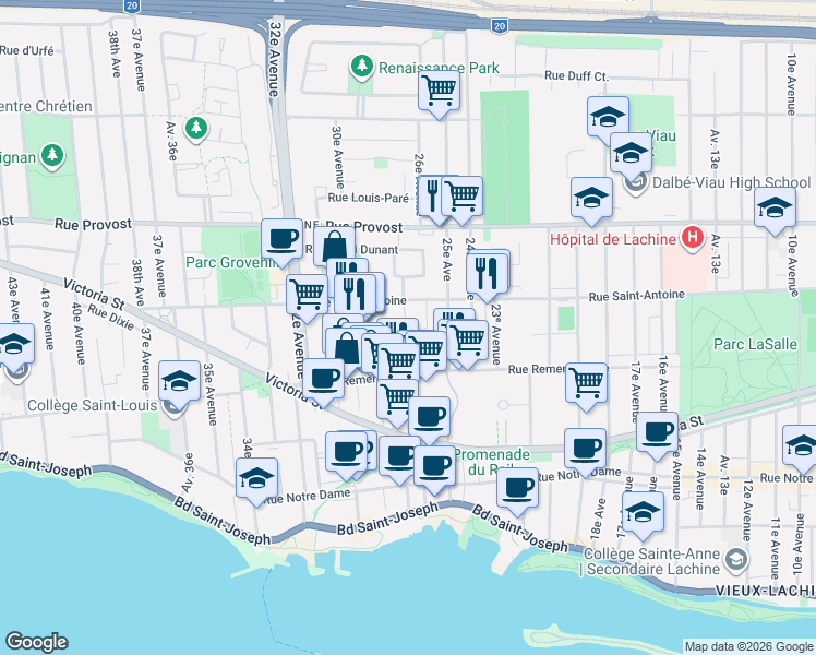 map of restaurants, bars, coffee shops, grocery stores, and more near 2639 Croissant de Holon in Montréal