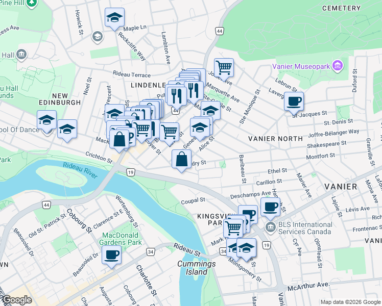 map of restaurants, bars, coffee shops, grocery stores, and more near 66 Saint Charles Street in Ottawa