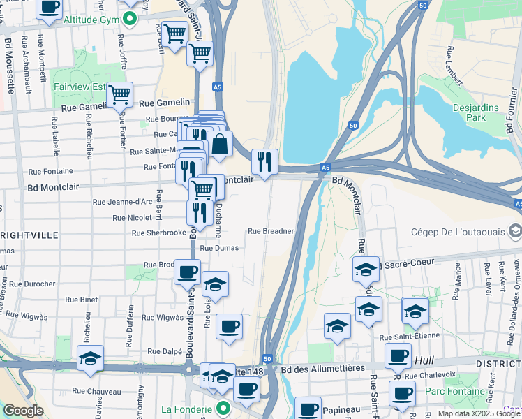 map of restaurants, bars, coffee shops, grocery stores, and more near in Gatineau