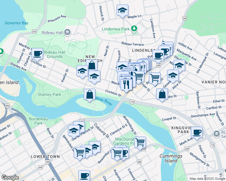 map of restaurants, bars, coffee shops, grocery stores, and more near in Ottawa