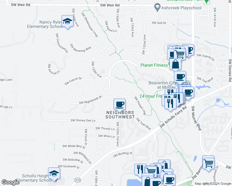 map of restaurants, bars, coffee shops, grocery stores, and more near 11206 Southwest Pintail Loop in Beaverton