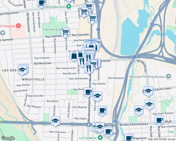 map of restaurants, bars, coffee shops, grocery stores, and more near 295 Boulevard Saint-Joseph in Gatineau
