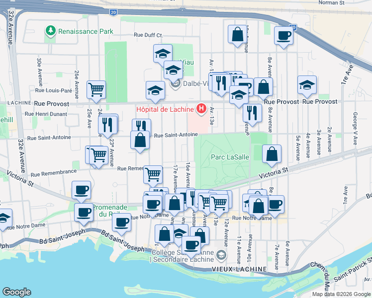 map of restaurants, bars, coffee shops, grocery stores, and more near 565 16e Avenue in Montréal