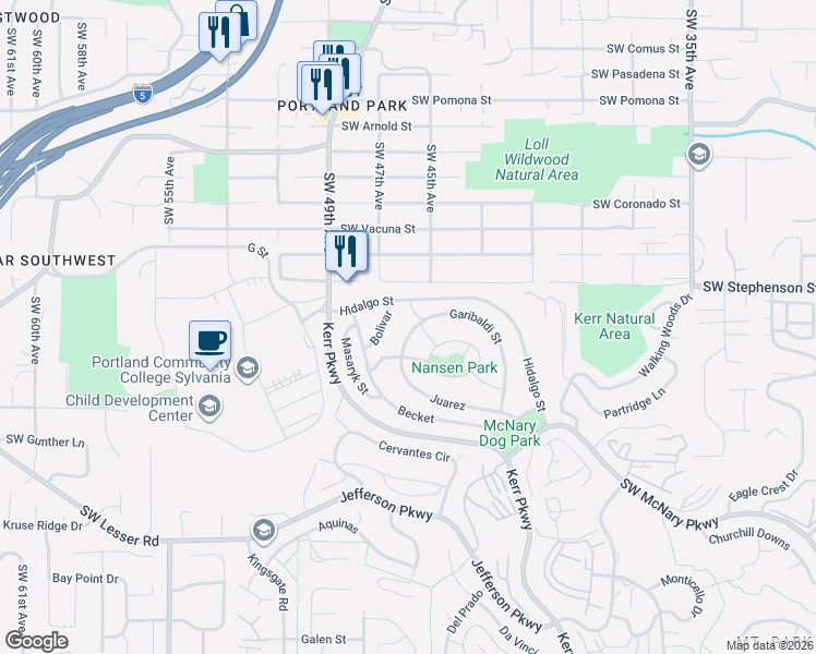 map of restaurants, bars, coffee shops, grocery stores, and more near 107 Garibaldi Street in Lake Oswego