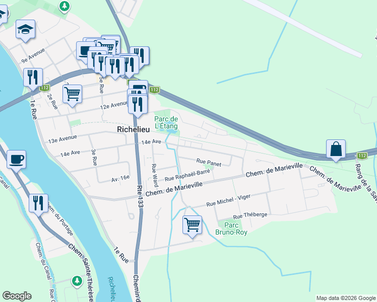 map of restaurants, bars, coffee shops, grocery stores, and more near 713 14e Av in Richelieu