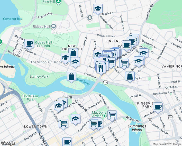 map of restaurants, bars, coffee shops, grocery stores, and more near 310 Crichton Street in Ottawa