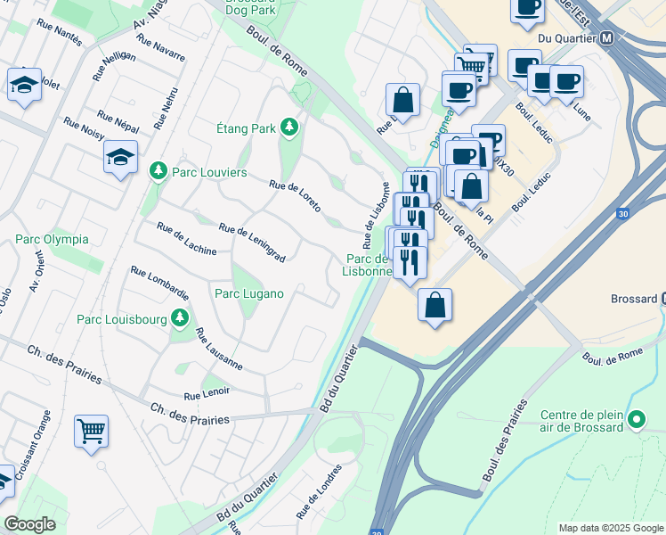 map of restaurants, bars, coffee shops, grocery stores, and more near 7635 Rue de Liverpool in Brossard