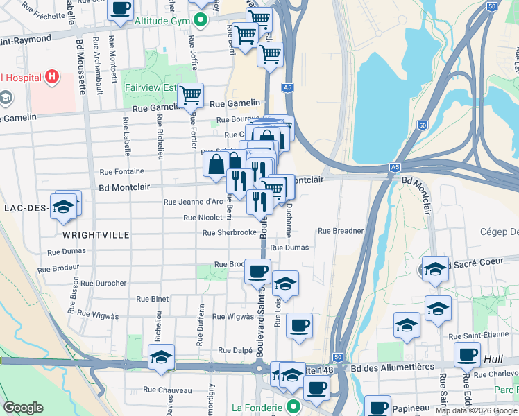 map of restaurants, bars, coffee shops, grocery stores, and more near 295 Boulevard Saint-Joseph in Gatineau