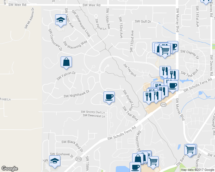 map of restaurants, bars, coffee shops, grocery stores, and more near 11212 Southwest Pintail Loop in Beaverton