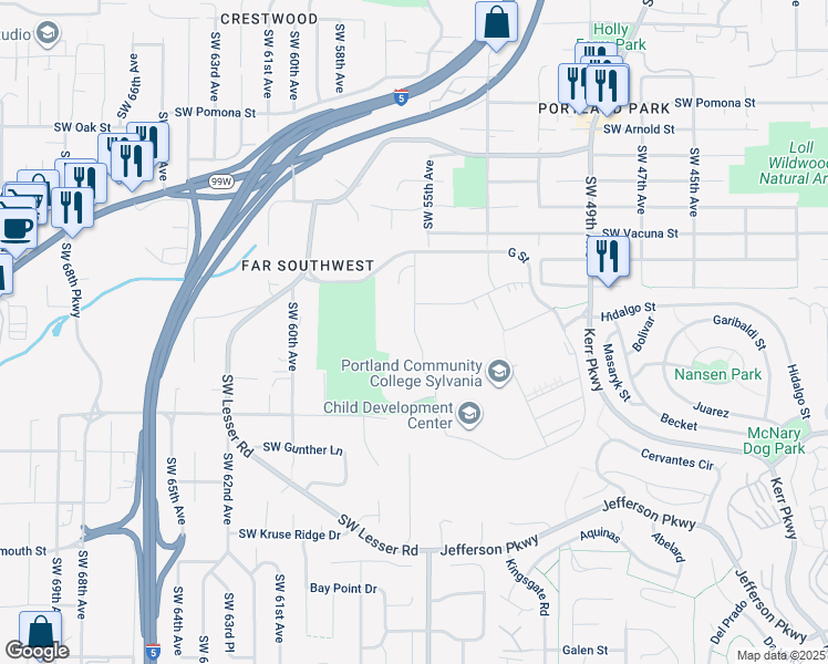 map of restaurants, bars, coffee shops, grocery stores, and more near Southwest Portland Community College Road in Portland
