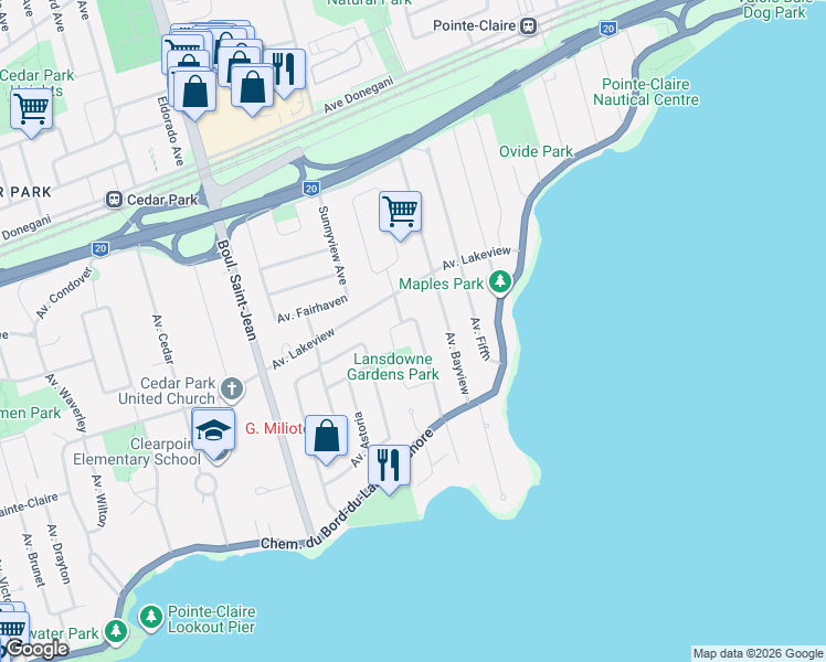 map of restaurants, bars, coffee shops, grocery stores, and more near 29 Avenue de Lansdowne Gardens in Pointe-Claire