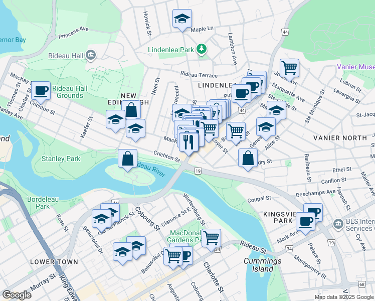 map of restaurants, bars, coffee shops, grocery stores, and more near in Ottawa