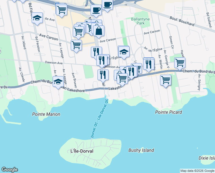 map of restaurants, bars, coffee shops, grocery stores, and more near 795 Chemin du Bord-du-Lac-Lakeshore in Dorval