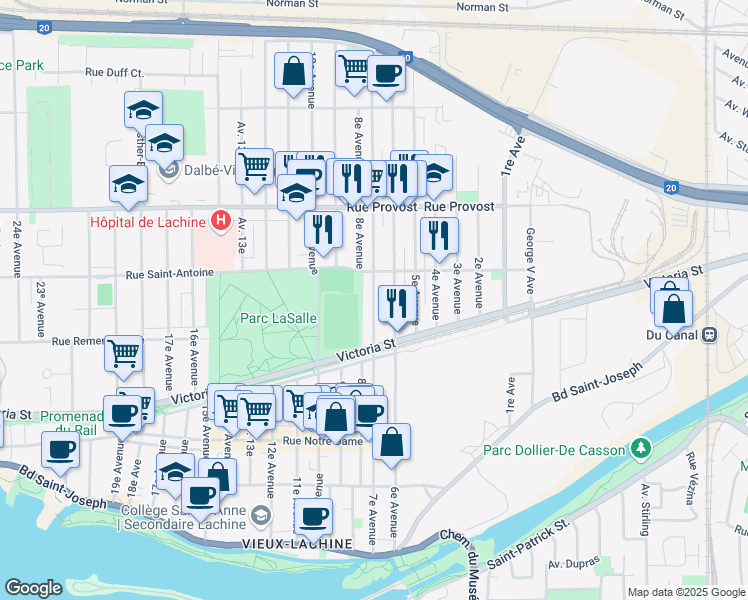 map of restaurants, bars, coffee shops, grocery stores, and more near 542 7e Avenue in Montréal