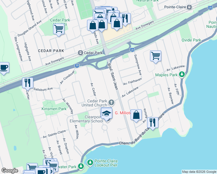 map of restaurants, bars, coffee shops, grocery stores, and more near 19 Avenue Westwood in Pointe-Claire