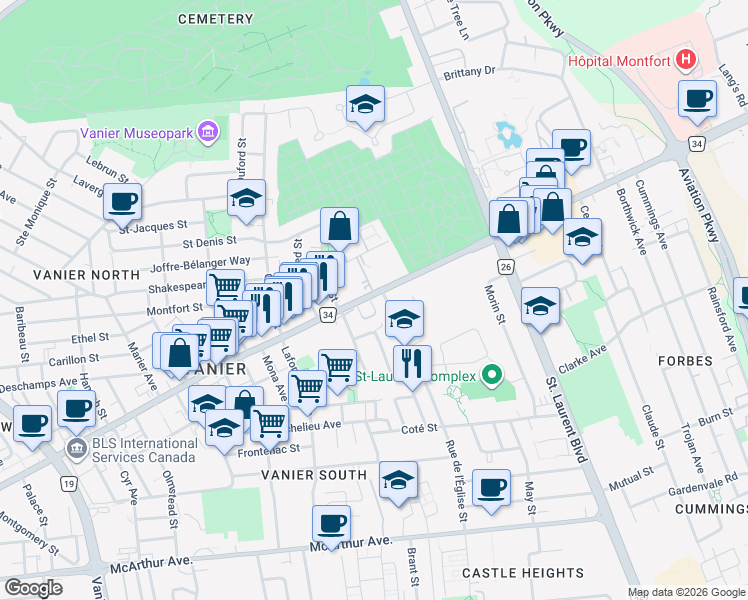 map of restaurants, bars, coffee shops, grocery stores, and more near 127 Montreal Road in Ottawa