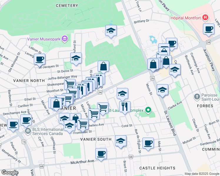 map of restaurants, bars, coffee shops, grocery stores, and more near 406 Montreal Road in Ottawa