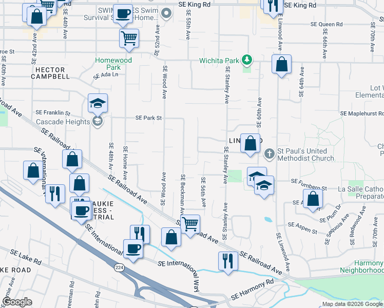map of restaurants, bars, coffee shops, grocery stores, and more near 11608 Southeast Beckman Avenue in Milwaukie