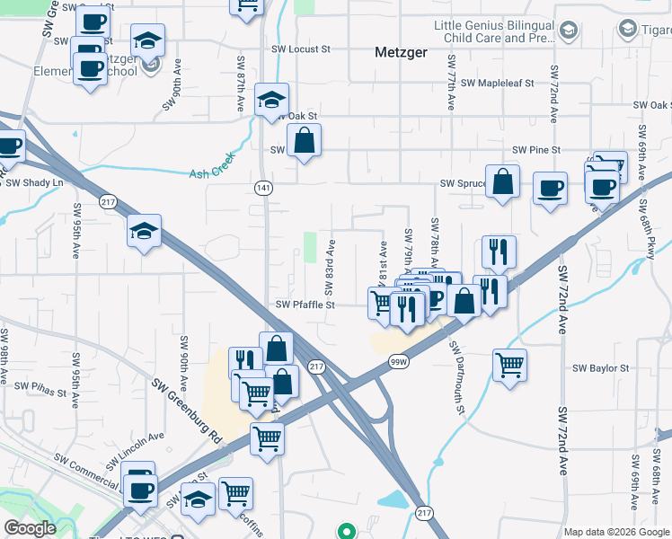 map of restaurants, bars, coffee shops, grocery stores, and more near 11125 Southwest 82nd Avenue in Tigard